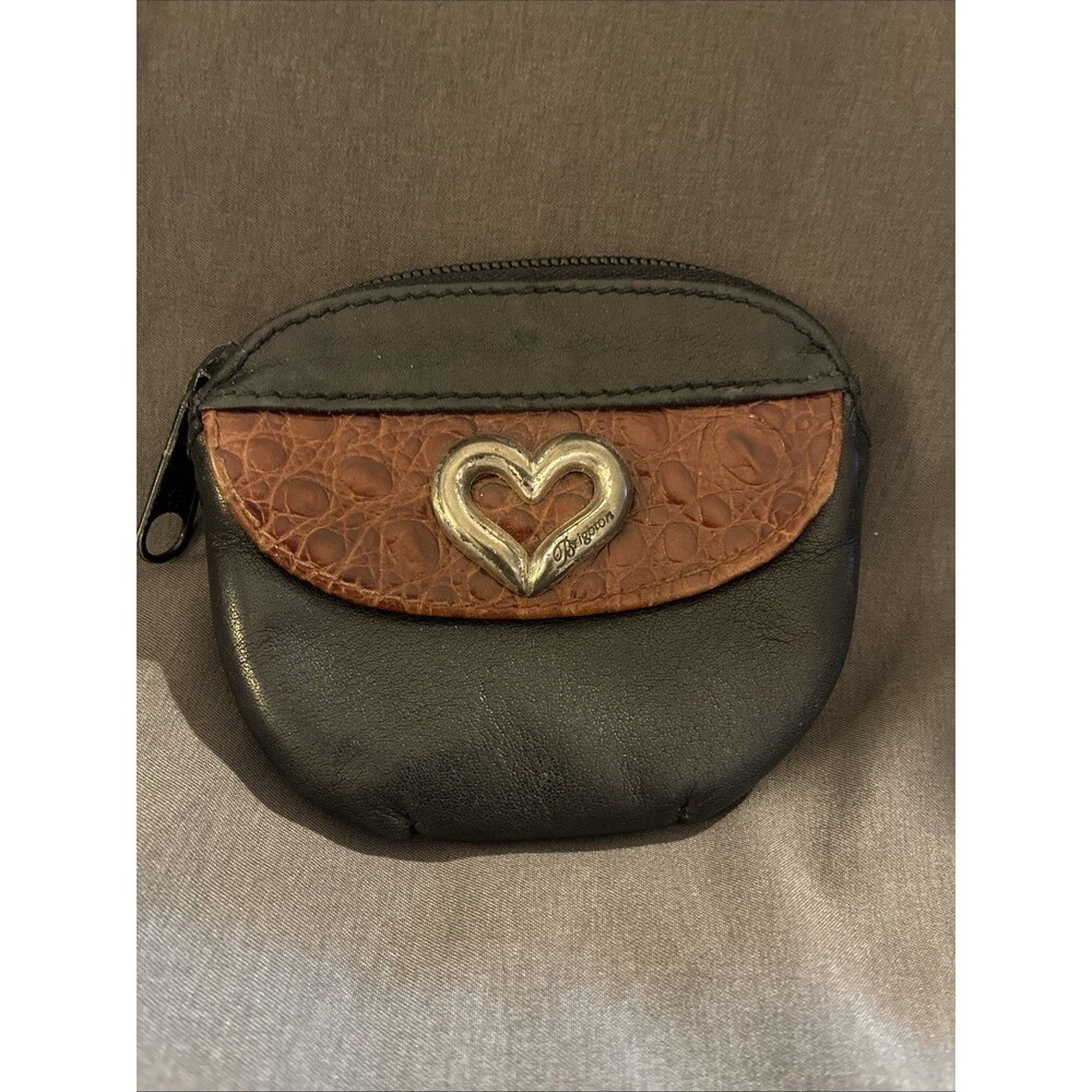 Brighton Change Coin Purse Pouch Black/Brown Leather Logo Heart Zip & Snap